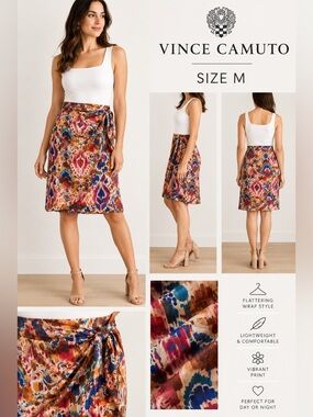 Vince Camuto Multicolor Ikat Geometric Midi Wrap Skirt